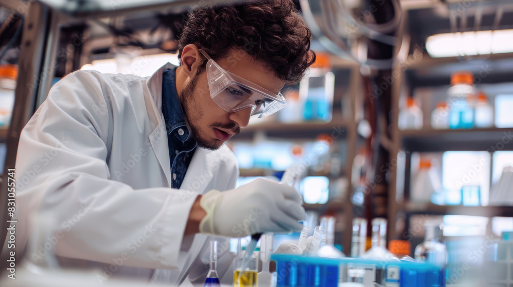 A young chemist is working in a lab. He is wearing a lab coat, gloves, and safety glasses. He is using a pipette to transfer a liquid from one test tube to another. A young chemist is working in a lab. He is wearing a lab coat, gloves, and safety glasses. He is using a pipette to transfer a liquid from one test tube to another.