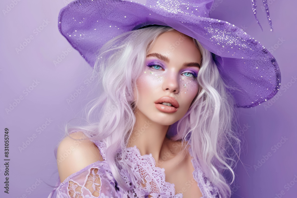 fantasy portrait of young woman with pastel purple witch hat , glittery skin makeup, and rose decorations, for halloween fantasy portrait of young woman with pastel purple witch hat , glittery skin makeup, and rose decorations, for halloween