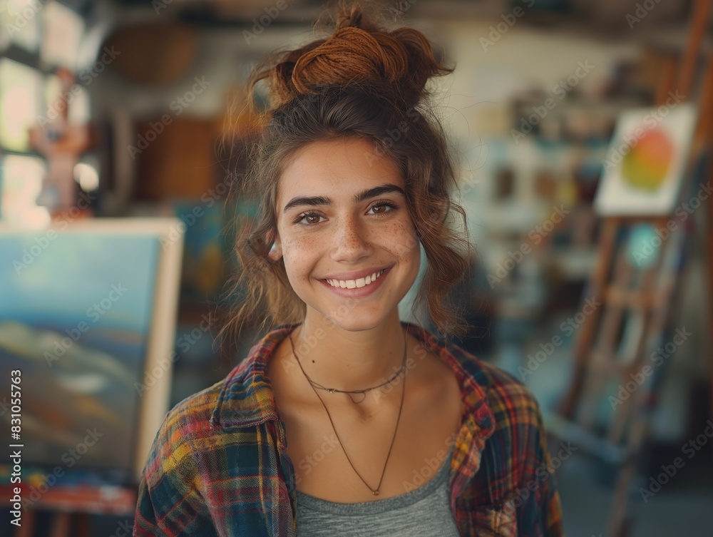 An Artist female wearing casual attire, standing in front of an art studio, smiling An Artist female wearing casual attire, standing in front of an art studio, smiling