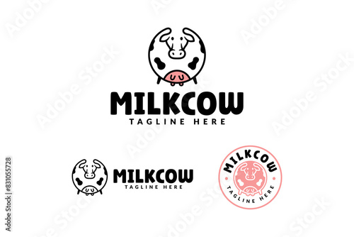 dairy cow with milky cartoon logo design for farm, food and drink professional business