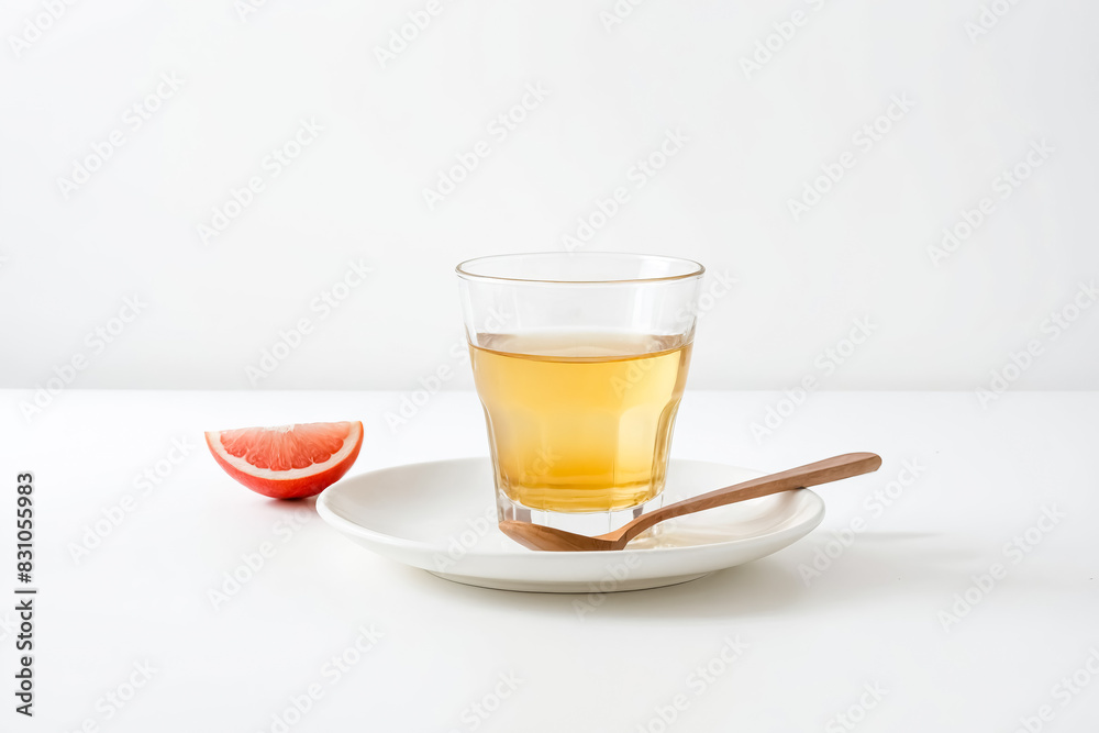 Glass of Yellow Liquid with a Slice of Grapefruit and Wooden Spoon on White Background