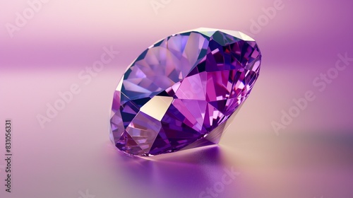 A 3D depiction of a violet gemstone with intricate cuts  placed centrally against a gradient background  highlighting its clarity and the light reflecting within it.