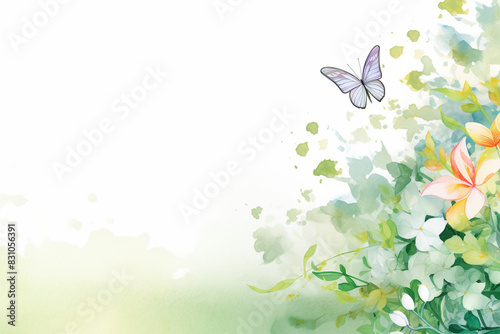 Spring Watercolor Illustration with Butterfly and Flowers with Copy Space
