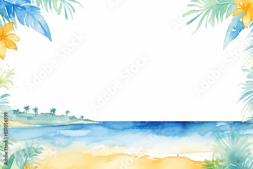 Tropical Beach Watercolor Frame with Palm Leaves and Copy Space
