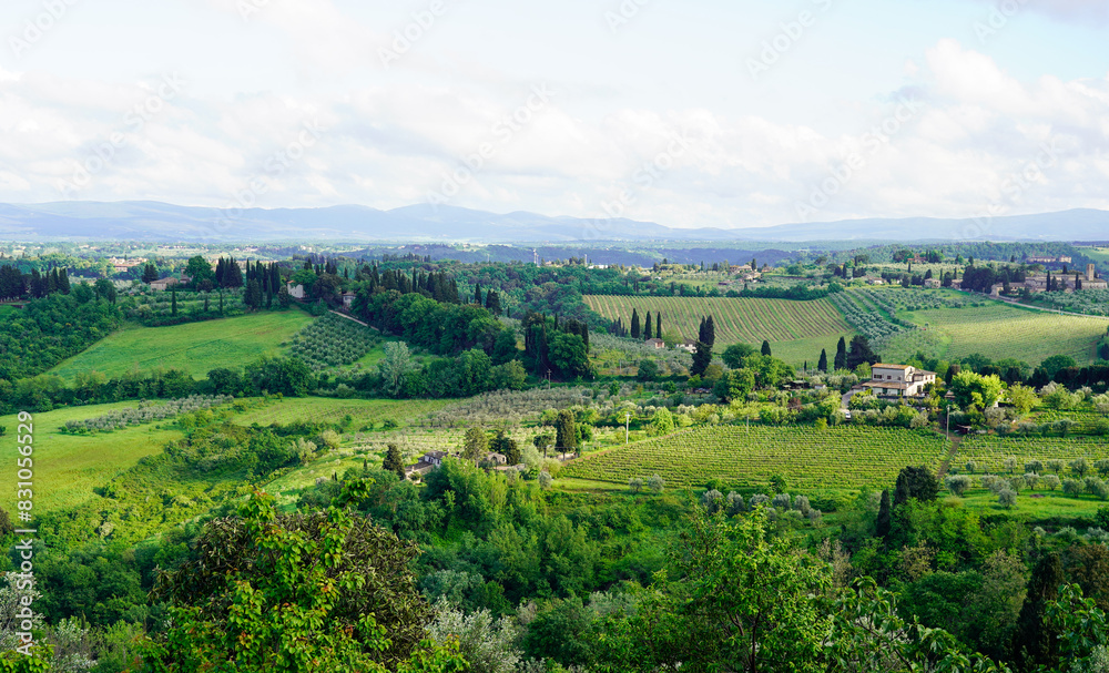 The view of green hills of Tuscany as seen from San Gimignano 