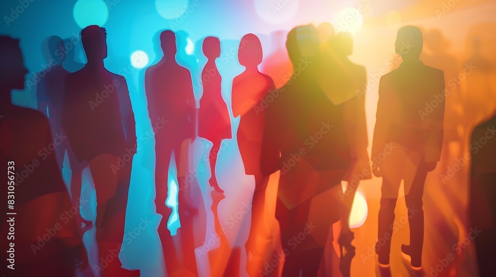 Group of business people outlines with lit background Mixed media : Generative AI Group of business people outlines with lit background Mixed media : Generative AI