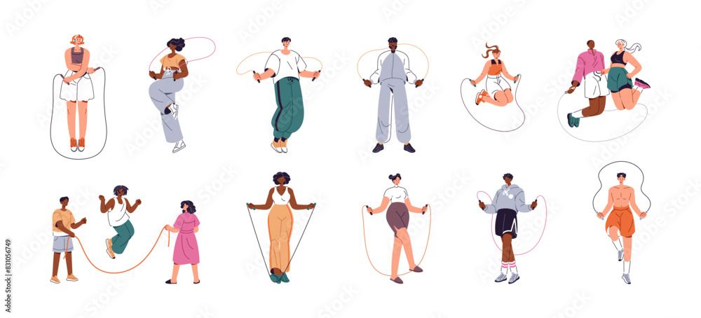 Different people skipping rope set. Happy girl does active exercises, jumps. Young man does sports workout, cardio training. Jumpers leap, hop. Flat isolated vector illustrations on white background Different people skipping rope set. Happy girl does active exercises, jumps. Young man does sports workout, cardio training. Jumpers leap, hop. Flat isolated vector illustrations on white background