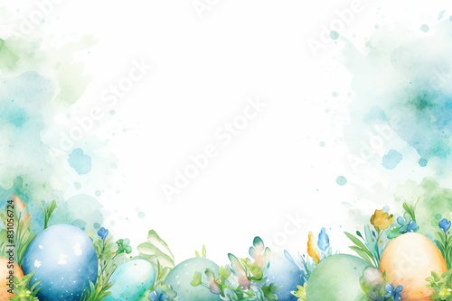 Easter Watercolor Illustration with Eggs and Flowers and Copy Space
