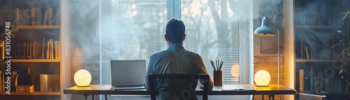 A journalist reviewing sources, copy space, factchecking theme, ethereal, composite, quiet office backdrop photo