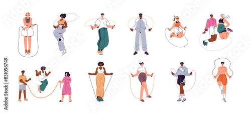 Different people skipping rope set. Happy girl does active exercises, jumps. Young man does sports workout, cardio training. Jumpers leap, hop. Flat isolated vector illustrations on white background
