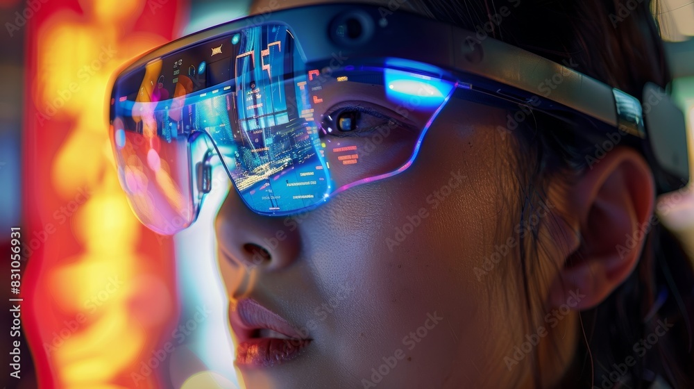 A close-up of a person wearing smart glasses, interacting with a virtual reality (VR) environment, demonstrating the use of innovative digital technology.