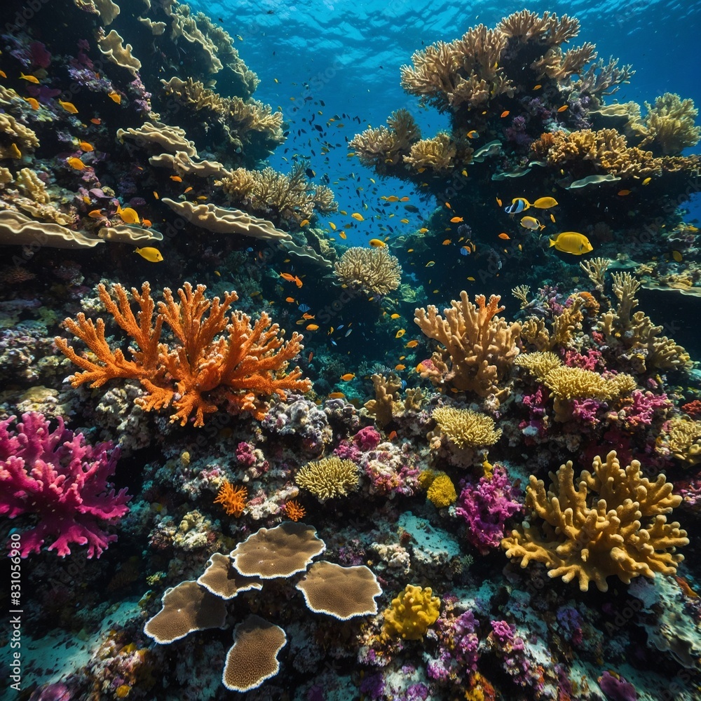 Obraz premium A vibrant coral reef teeming with life, its colors a dazzling display beneath the surface of the ocean.