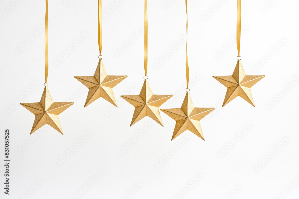 Five Gold Stars Hanging from Ribbons Against a White Background