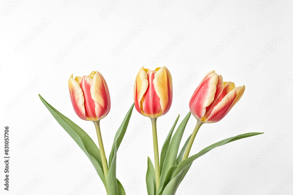 Three red and yellow tulips on white background Three red and yellow tulips on white background