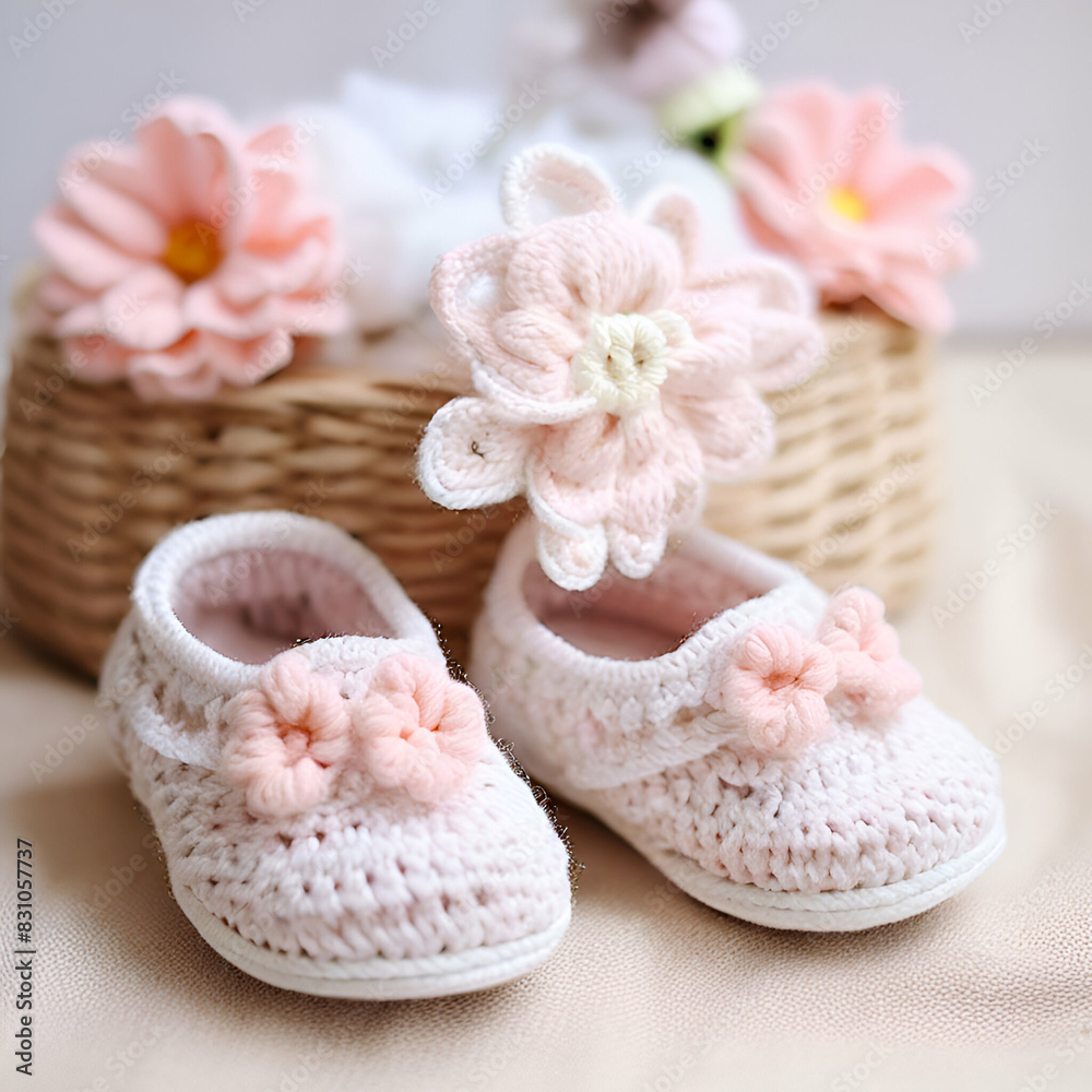 newborn baby girl crochet shoes and headband pearl shoes baby gift white and black baground generate ai newborn baby girl crochet shoes and headband pearl shoes baby gift white and black baground generate ai