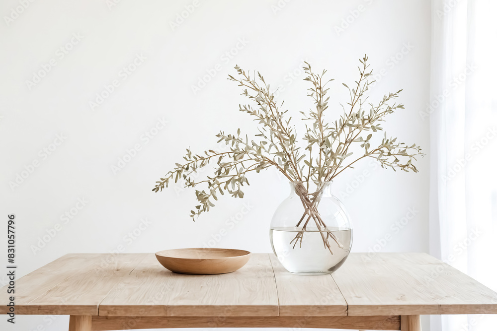 Minimalist Interior Design with Wooden Table and Glass Vase with Dried Plants Minimalist Interior Design with Wooden Table and Glass Vase with Dried Plants