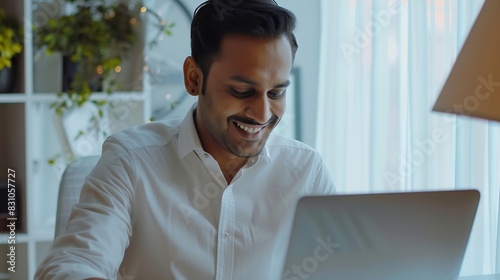 Smiling indian business man working on laptop at home office Young indian student or remote teacher using computer remote studying virtual training watching online education webinar at : Generative AI photo