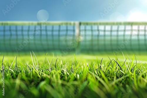 tennis court lines and grass texture with a blurred tennis net