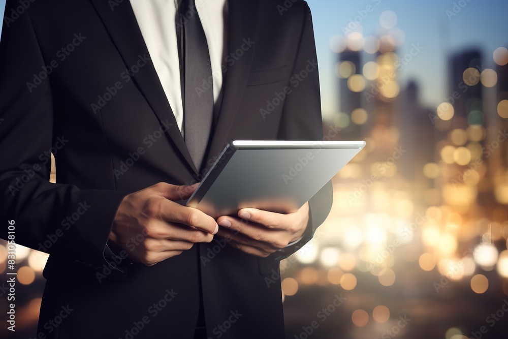 Businessman holding a digital tablet against a blurred cityscape, symbolizing technology, innovation, and modern business. Businessman holding a digital tablet against a blurred cityscape, symbolizing technology, innovation, and modern business.