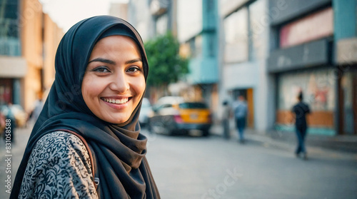 A muslim lady with a headscarf beams with joy as she poses for the camera