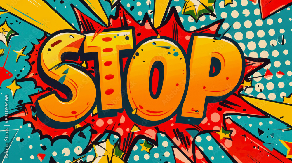 word STOP in big red capital letters on a red and blue comic background word STOP in big red capital letters on a red and blue comic background