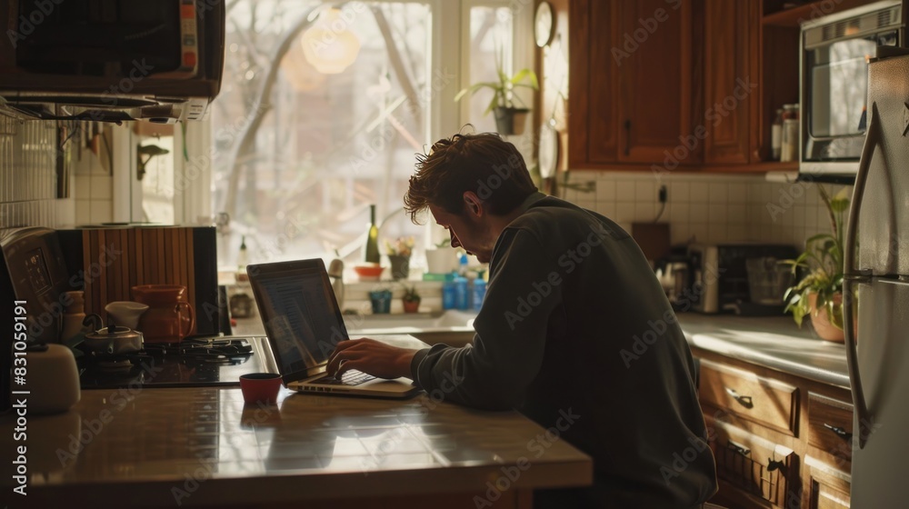 Lonely man looking at laptop on kitchen counter Lonely man looking at laptop on kitchen counter