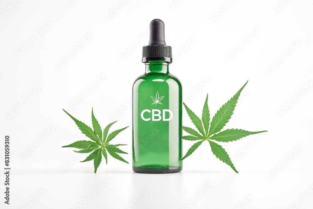 CBD Oil Dropper Bottle with Cannabis Leaves CBD Oil Dropper Bottle with Cannabis Leaves