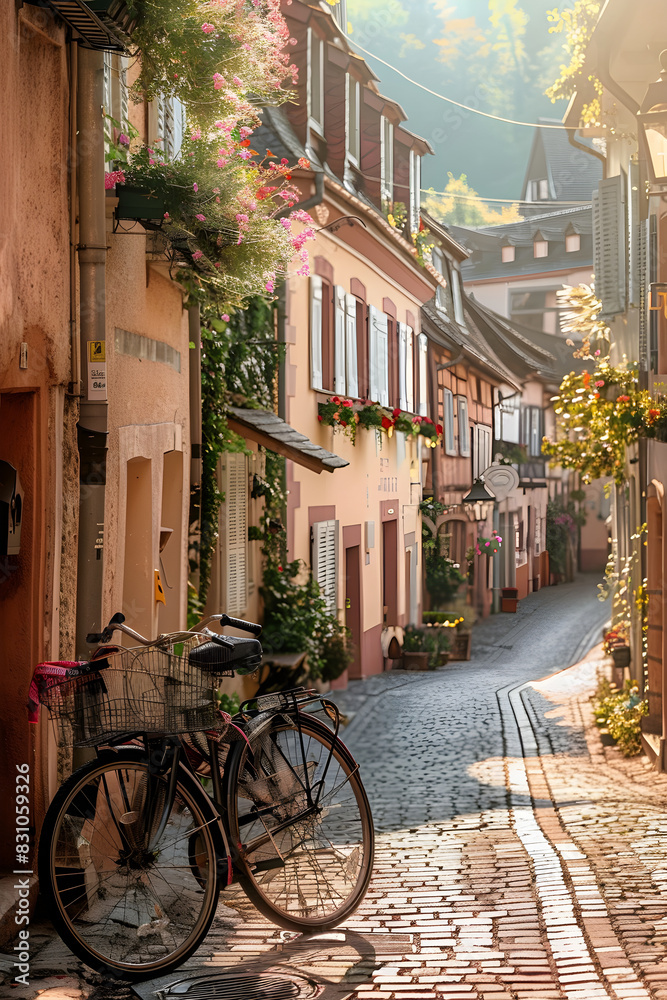 Sunlit Cobblestone Street in Quaint European Village with Charming Historic Buildings and Vintage Bicycle