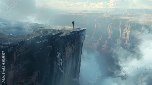A person standing on a cliff, looking out at a vast, unexplored landscape, symbolizing the frontier of exploration and the spirit of discovery.