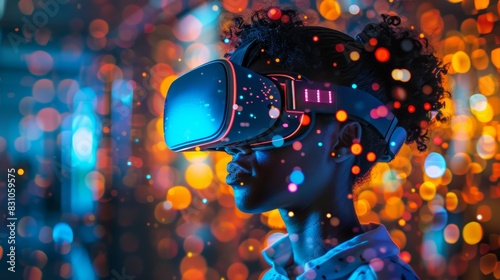 A person wearing virtual reality (VR) glasses, interacting with digital interfaces, demonstrating the innovative use of VR in creative design and improvement.