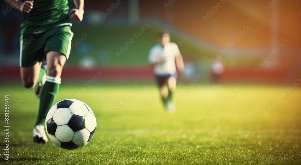 Soccer player dribbles a ball on green grass at a stadium with blurry fans in the background. Concept of sport competition, sportsmen and game action during a match. Soccer player dribbles a ball on green grass at a stadium with blurry fans in the background. Concept of sport competition, sportsmen and game action during a match.