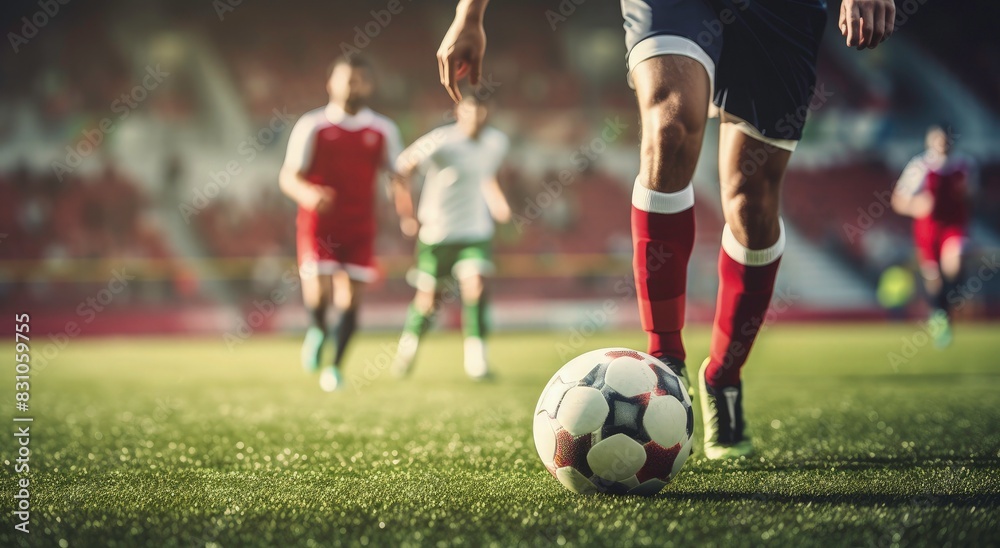 Obraz premium Soccer player dribbles a ball on green grass at a stadium with blurry fans in the background. Concept of sport competition, sportsmen and game action during a match. 