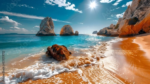 golden beach rocky outcrops img photo