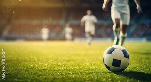 Soccer player dribbles a ball on green grass at a stadium with blurry fans in the background. Concept of sport competition  sportsmen and game action during a match. 