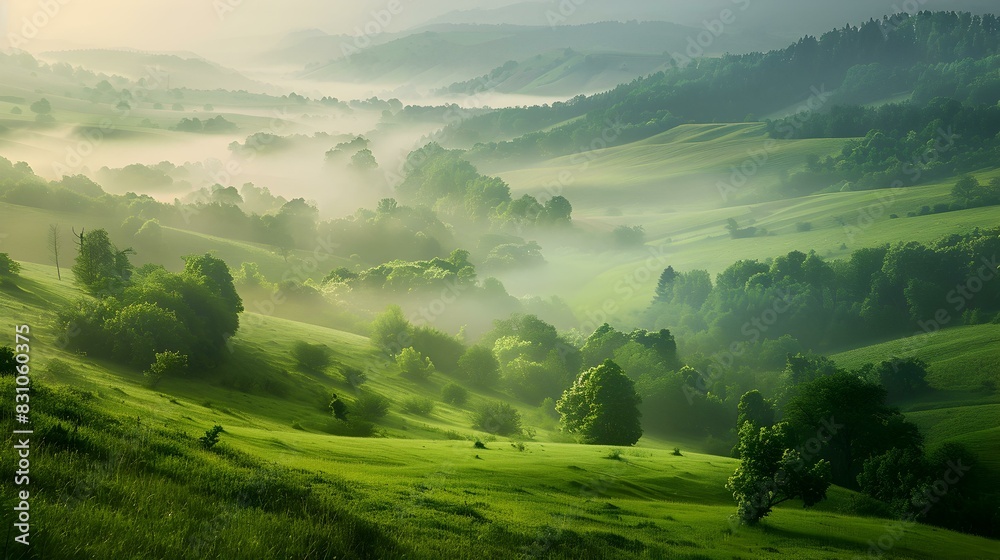 Obraz premium misty valley green meadows pic