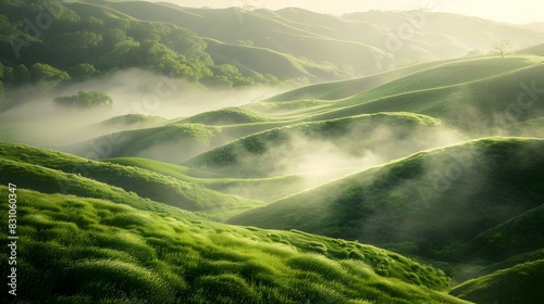 misty valley green meadows img photo