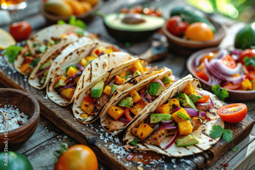Colorful tacos with mango, avocado, red onion, and grilled chicken on a wooden board, perfect for a vibrant summer meal concept.