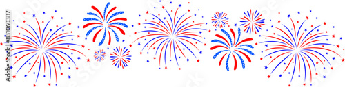 Festive fireworks. Fourth of July holiday long horizontal border. USA Independence Day Decoration. Illustration.