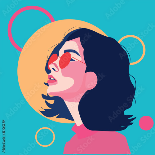 An illustration of a woman with shoulder-length dark blue hair, wearing sunglasses.