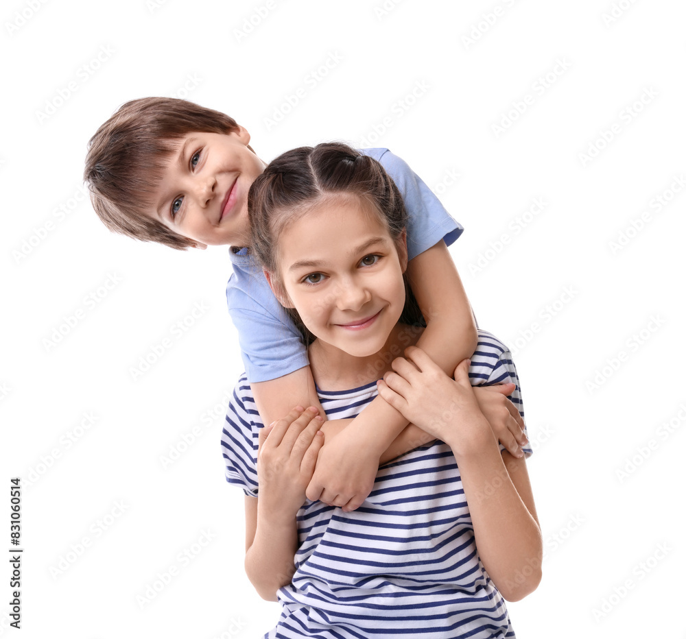 Happy brother and sister hugging on white background Happy brother and sister hugging on white background