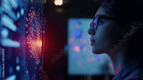 Portrait of a Young Female Professor Explaining Big Data and Artificial Intelligence Research Project in a Dark Room with a Screen Showing a Neural Network Model Computer Science Educa : Generative AI