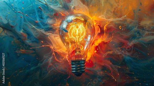 Overhead view, illuminated lightbulb with dynamic oil paint swirls, colorful abstract creativity, innovation and inspiration, bright energy-filled artwork