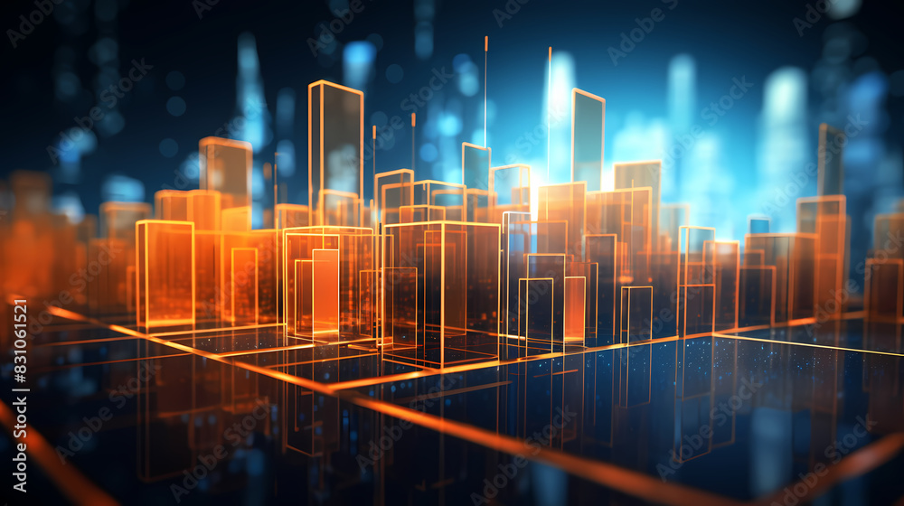 Abstract cityscape with glowing lines and bars on dark background