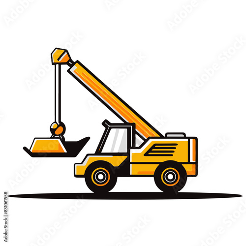 Illustration of a yellow construction crane with lifting hook on a white background. Ideal for construction and engineering themes.