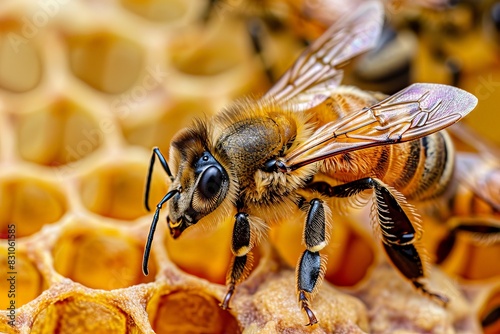 Close-up of a honeybee on a honeycomb, showcasing the intricate details of the bee and the hive structure.