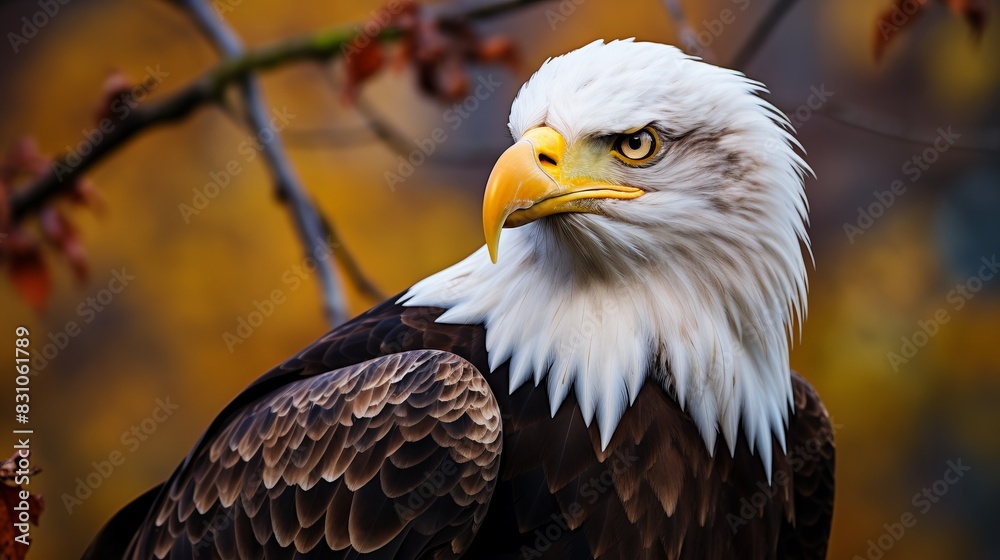 Fototapeta premium Close-up of a majestic bald eagle with a sharp yellow beak against a vibrant autumn background. Symbol of freedom and strength in wildlife.