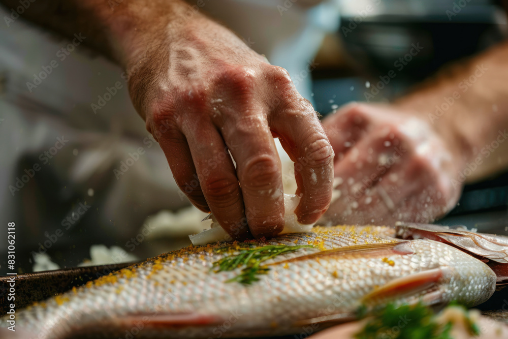 chef's hands filleting a fish
