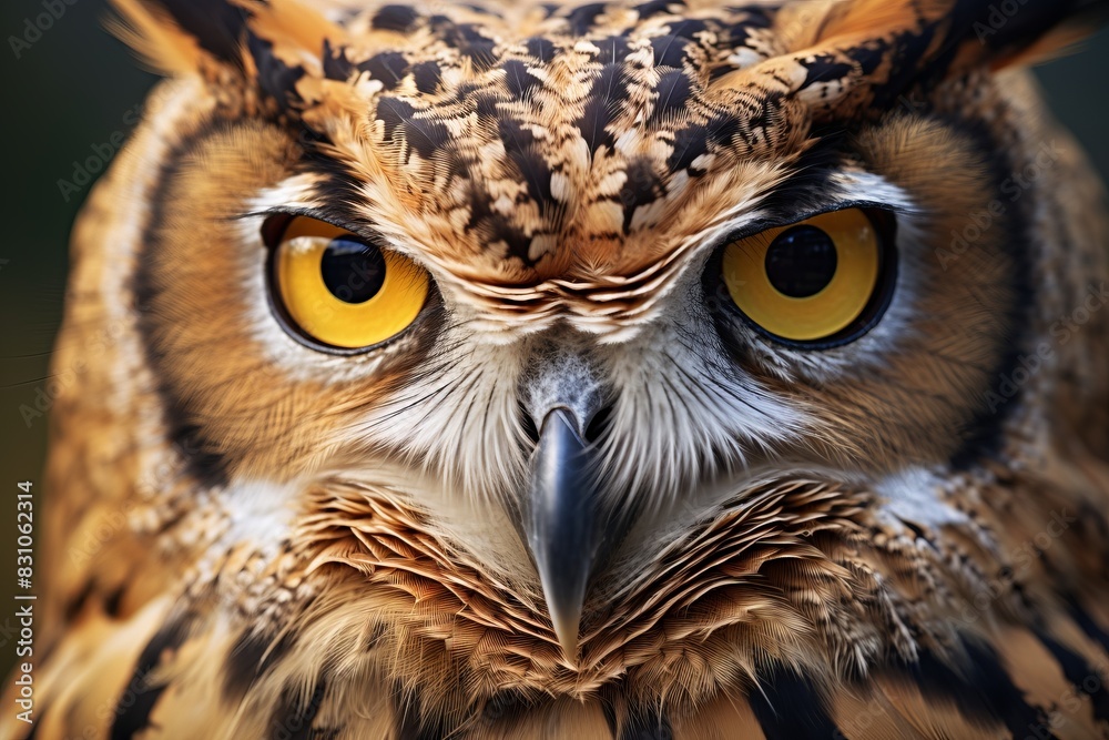 Close-up of a majestic owl with striking yellow eyes and detailed feather patterns, showcasing the beauty and intensity of this nocturnal bird. Close-up of a majestic owl with striking yellow eyes and detailed feather patterns, showcasing the beauty and intensity of this nocturnal bird.