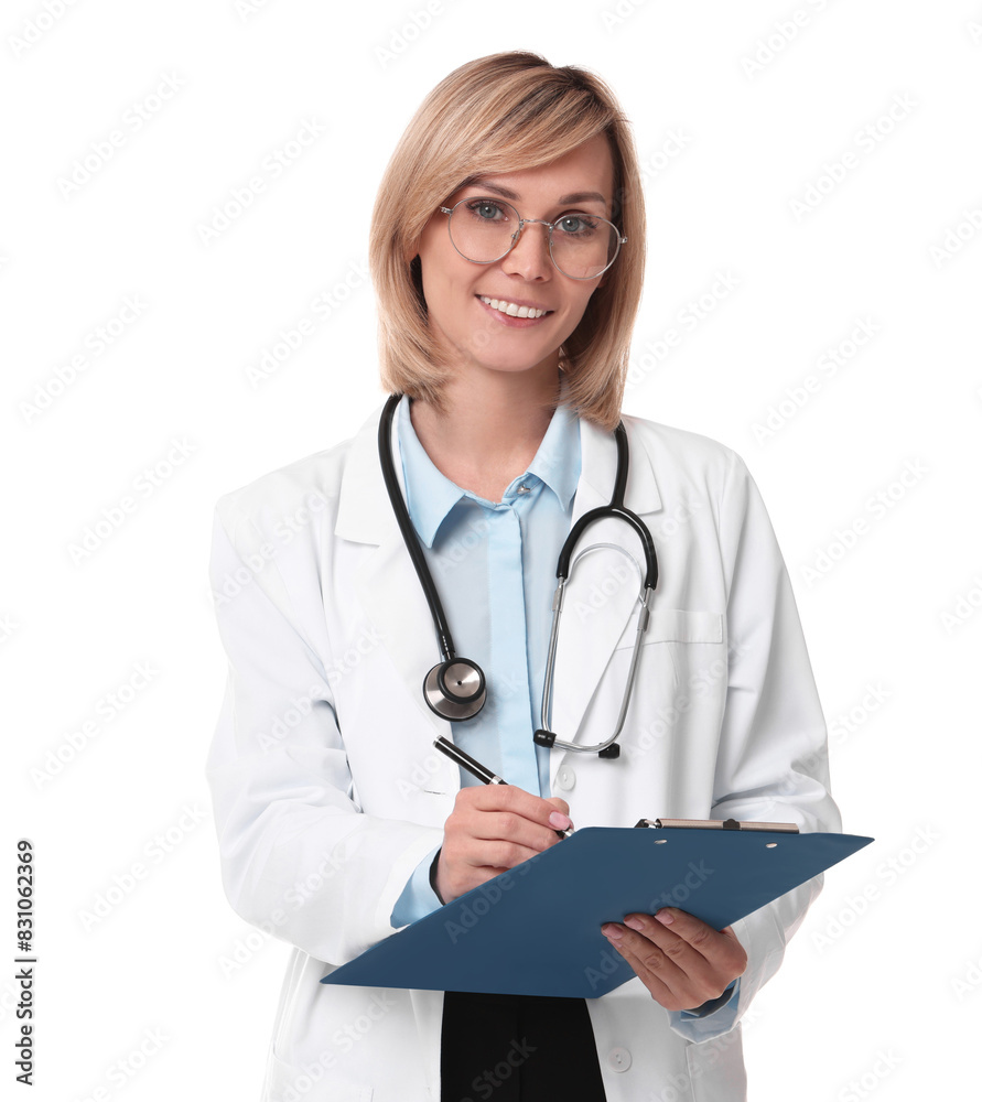 Smiling doctor with clipboard on white background Smiling doctor with clipboard on white background