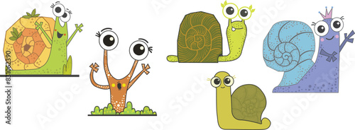 snails cartoon, snail with big cute eye,design element png set isolated.
